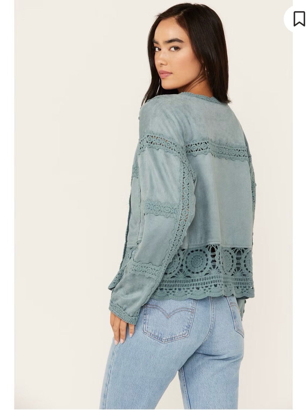 Miss Me Teal Crochet Trim Open Front faux suede Jacket